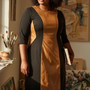 Elegant Black and Tan Colorblock Midi Dress